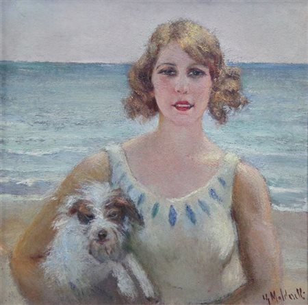 MALDARELLI GIUSEPPE Napoli 1885 - 1958 "Fanciulla con cane in riva al mare"...