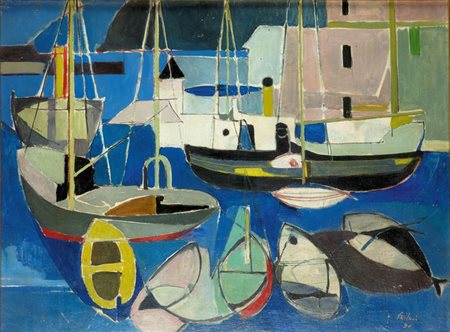 PAULUCCI ENRICO Genova 1901 - 1999 Torino "Porto ligure" 1950 54x73 olio su...