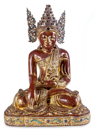 BUDDA Budda in legno laccato e dorato con applicazioni in metallo H. cm 47