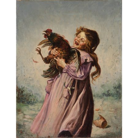 LOUIS ADOLPHE TESSIER, Fanciulla con gallo, Olio su tela