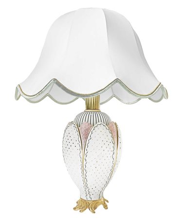 Lampada da tavolo in maiolica a tulip nei colori del bianco, rosa e dettagli in oro.