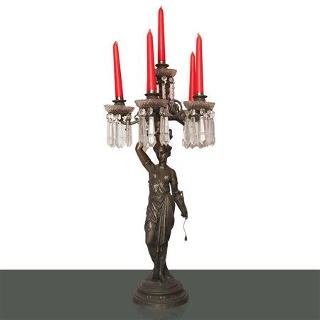 Candelabro a 6 luci con donna in abito greco romano, 19° secolo 