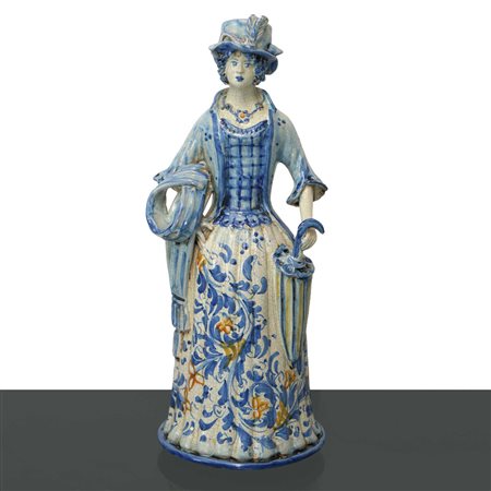 Lumiera con raffigurazione femminile di donna con ombrello in maiolica di Caltagirone, 20° secolo 