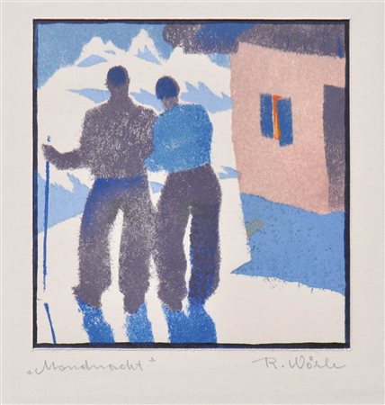 Raimund Wörle (Innsbruck 1896 - 1979) Notte di luna;Incisione su linoleum a...