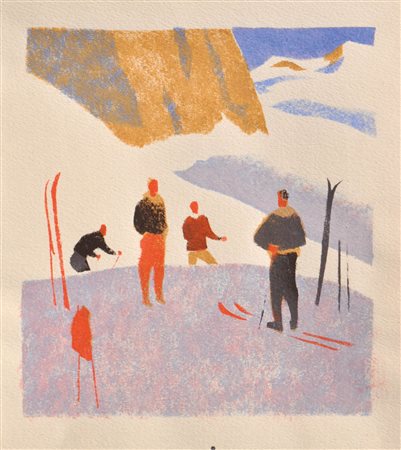 Raimund Wörle (Innsbruck 1896 - 1979) Sciatori;Incisione su linoleum a...