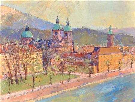 Raimund Wörle (Innsbruck 1896 - 1979) Innsbruck, Blick vom Inn auf Dom und...