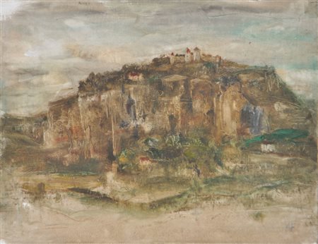 Anton Frühauf (Meran/Merano 1914 - 1999) Paesaggio con castello;Olio su tela...