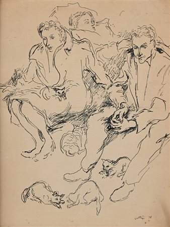 Renato Guttuso Bagheria 1911-Roma 1987 Studio di figure con gatti 1938 China...