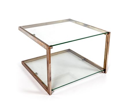 Tavolo in acciaio a due piani in vetro, Anni Settanta cm 75x75x70