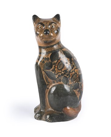 Grande figura di gatto seduto in ceramica di Tonala, arte popolare messicana...