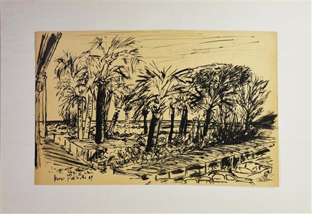 Piero Piccinelli SPIAGGIA CON PALME, 1989 inchiostro nero su carta, cm 50x70...