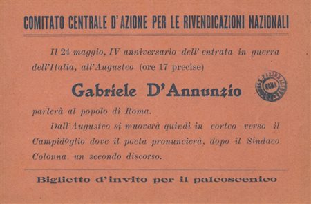  
Dannunziana, biglietto invito 1919  
 cm.14,5x9,5