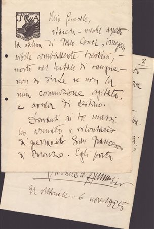  
d'Annunzio, Gabriele (Pescara, 12 Marzo 1863 – Gardone Riviera, 1 Marzo 1938) 
 32x24cm (foglio); 26x39,5cm (busta)