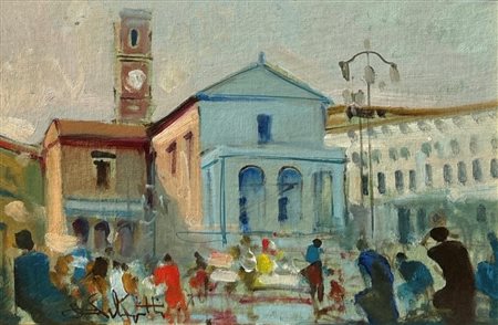 Dino Pelagatti (1932 - ) 
Piazza di paese 
olio su tela 20 x30 cm