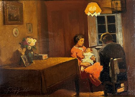 Cafiero Filippelli (1889 - 1973) 
Scena d'interno con maternità 
olio su tavoletta 24 x 34 cm