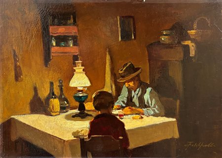 Cafiero Filippelli (1889 - 1973) 
Scena d'interno serale 
olio su tavoletta 24 x 34 cm