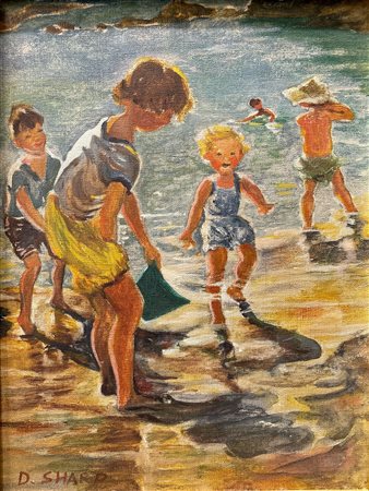 Dorothea Sharp (firma_di) (1874 - 1955) 
Bambini al mare 
olio su tela applicata su compensato 40 x 30 cm