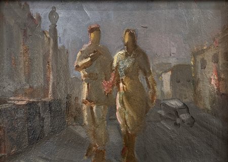 Nikolaj Karahan (1900 - 1970) 
Figure a passeggio 
olio su tavoletta 17 x 23,5 cm