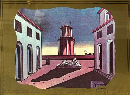 Giorgio De Chirico (1888 - 1978) 
Piazza d'Italia 
Lastra in ottone con trattamento in acrilico antiossido 24 x 33 cm