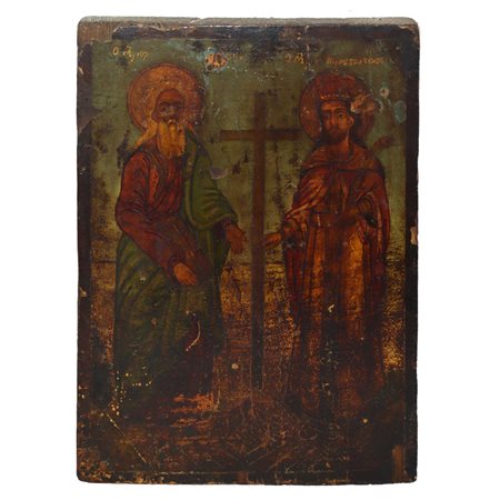 Icona bizantina con Cirillo e Costantino in legno di abete dipinta a tempera e olio, Late 18° Secolo