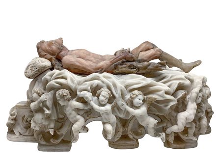 Scultura di Cristo in alabastro su letto sbalzato con putti, 16° Secolo