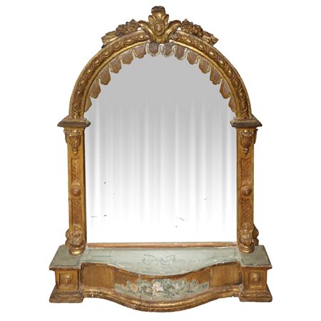 Specchiera con cornice in legno dorato su base dipinta, 18° Secolo