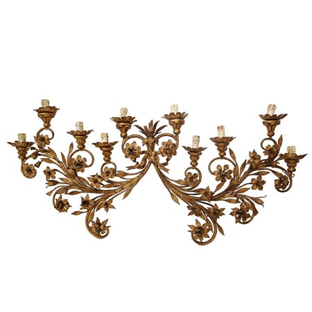 Appliques a 10 luci in metallo dorato con fiori e foglie