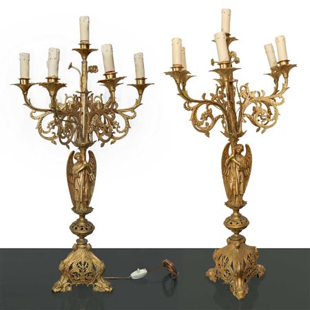 Coppia candelabri in ottone dorato a 7 luci, 20° Secolo