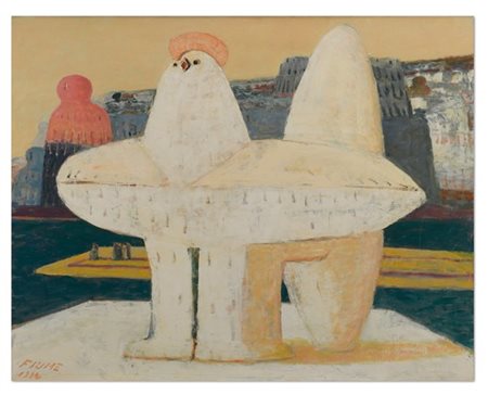 Salvatore Fiume "Monumento al gallo" 1984
olio su tela applicata su masonite
cm