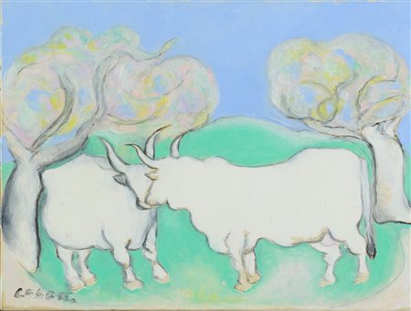 Giuseppe Cesetti (Tuscania (Vt), 1902 - 1990) Paesaggio con tori Olio su tela...