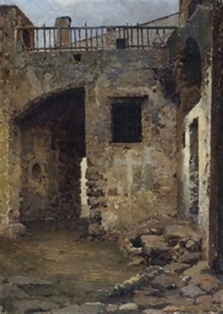 CALIFANO JOHN (Napoli 1875 - Napoli 1930 ) “Cortile ajrola” Olio su cartone...