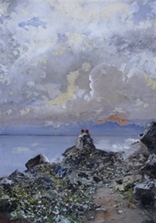 MARIANI POMPEO (Monza 1857 - Bordighera 1927 ) “Tramonto a Bordighera” Olio...