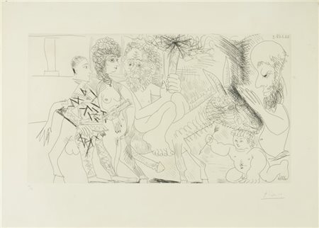 PABLO PICASSO "Groupe avec vieillard à la torche sur un âne amoureux, femme et a