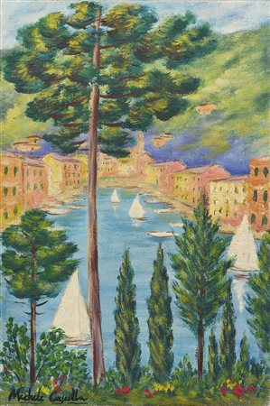 Michele Cascella (Ortona (Ch), 1892 - 1989) Portofino Olio su tela cm. 30x20...