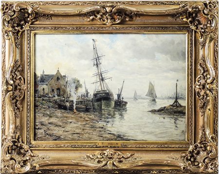 AMÉLIE BURDIN (1834-?) Paesaggio marino con barche - Seascape with Boats olio...