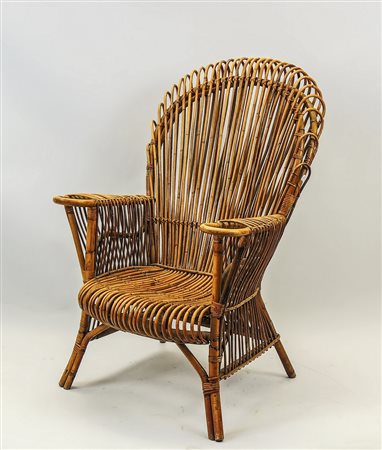 POLTRONA IN VIMINI - WICKER ARMCHAIR Anni Cinquanta - 50s s schienale a...