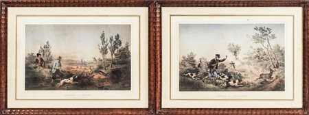 SCENE DI CACCIA - HUNTING SCENES coppia di litografie - a pair of...