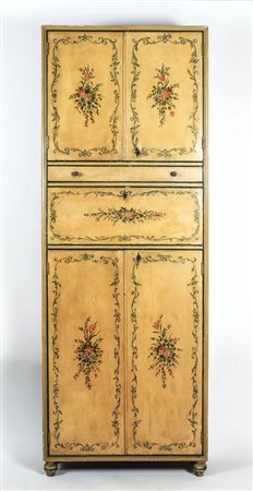 STIPO IN LEGNO LACCATO GIALLO - YELLOW LACQUERED CABINET dipinto con fiori e...