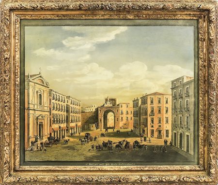 VEDUTA DELLA PORTA DELLO SPIRITO SANTO A NAPOLI - NAPLES VIEW gouache su...