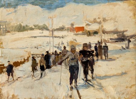 RAFFAELE RAGIONE (Napoli 1851-1925) <br>Paesaggio innevato con sciatori