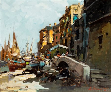 EZELINO BRIANTE (Napoli 1901-Roma 1971) <br>Veduta di porto con barche 