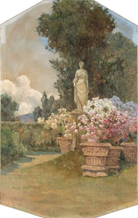 ADOLFO TOMMASI (Livorno 1851-Firenze 1933) <br>Giardino con statua di villa toscana