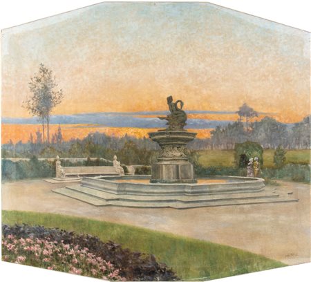ADOLFO TOMMASI (Livorno 1851-Firenze 1933) <br>Villa toscana al tramonto