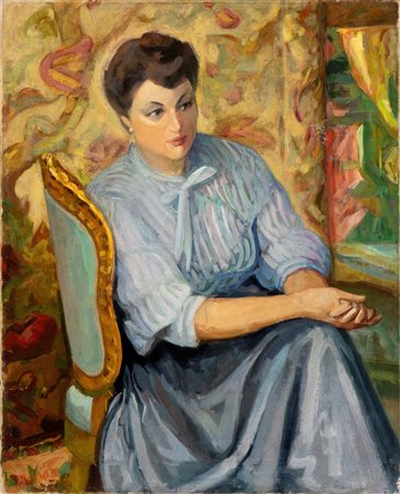 NINO BERTOLETTI (Roma 1889-1961) <br>Donna seduta in abito azzurro