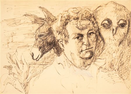CARLO LEVI (Torino 1902-Roma 1975) <br>Autoritratto con gufo ed asino 