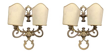 Coppia di applique in metallo dorato a due luci, 20° secolo