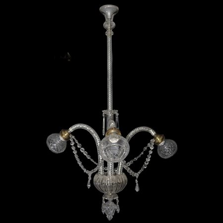 Lampadario a tre luci con stelo e bracci in vetro a torchion, Primi 20° secolo