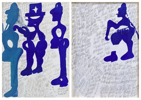 CARLO ZINELLI
Figura stellata con cilindro blu e due figure zoppe - Alpino blu con lunga treccia, 1967