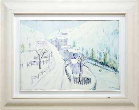 Angelo Del Bon, Borgo sotto la neve, 1949, olio su tela, 50x70 cm, autentica...