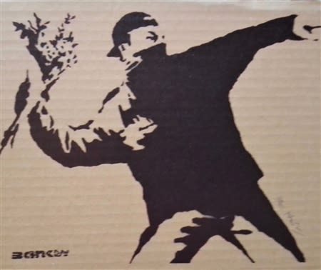 1) BANSKY (1974) Stencil e Spry su Cartone CM 31,5X24,5 Tiratura Limitata a...